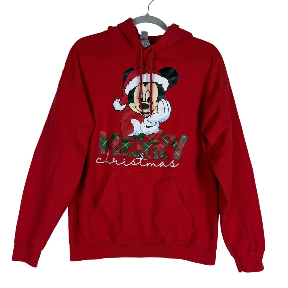Gildan Hoodie Mens Medium Red Pullover Fleece Mickey‎ Mouse Merry Christmas